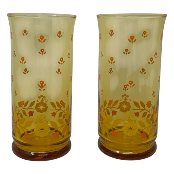 Set Of 2 Vintage Libbey Franco Amber Floral Glasses 1960s MCM Drinkware Retro - Picture 8 of 16